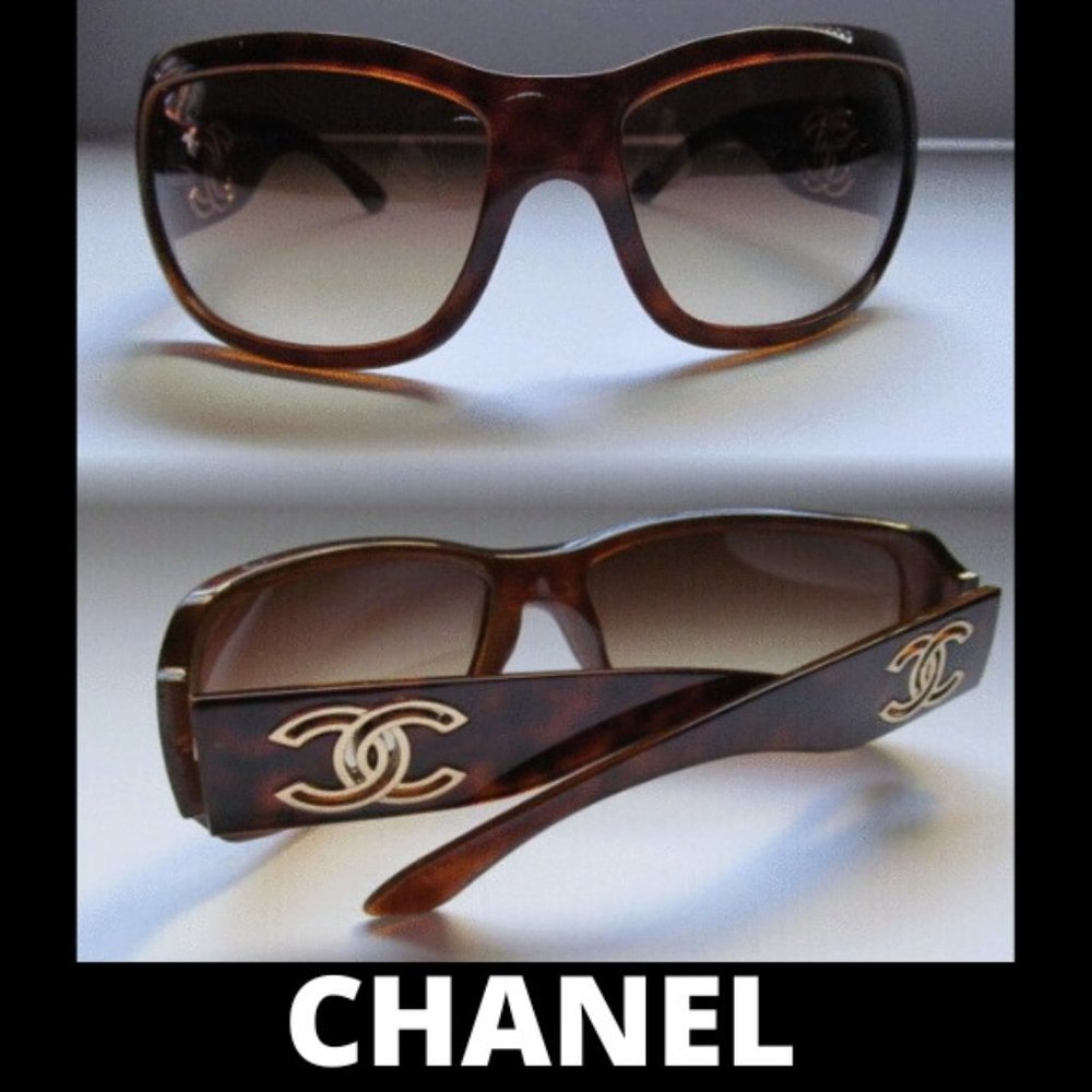 CHANEL TORTOISE LARGE ETCHED CUTOUT LOGO SUNGLASSES AUTHENTIC SUNNIES